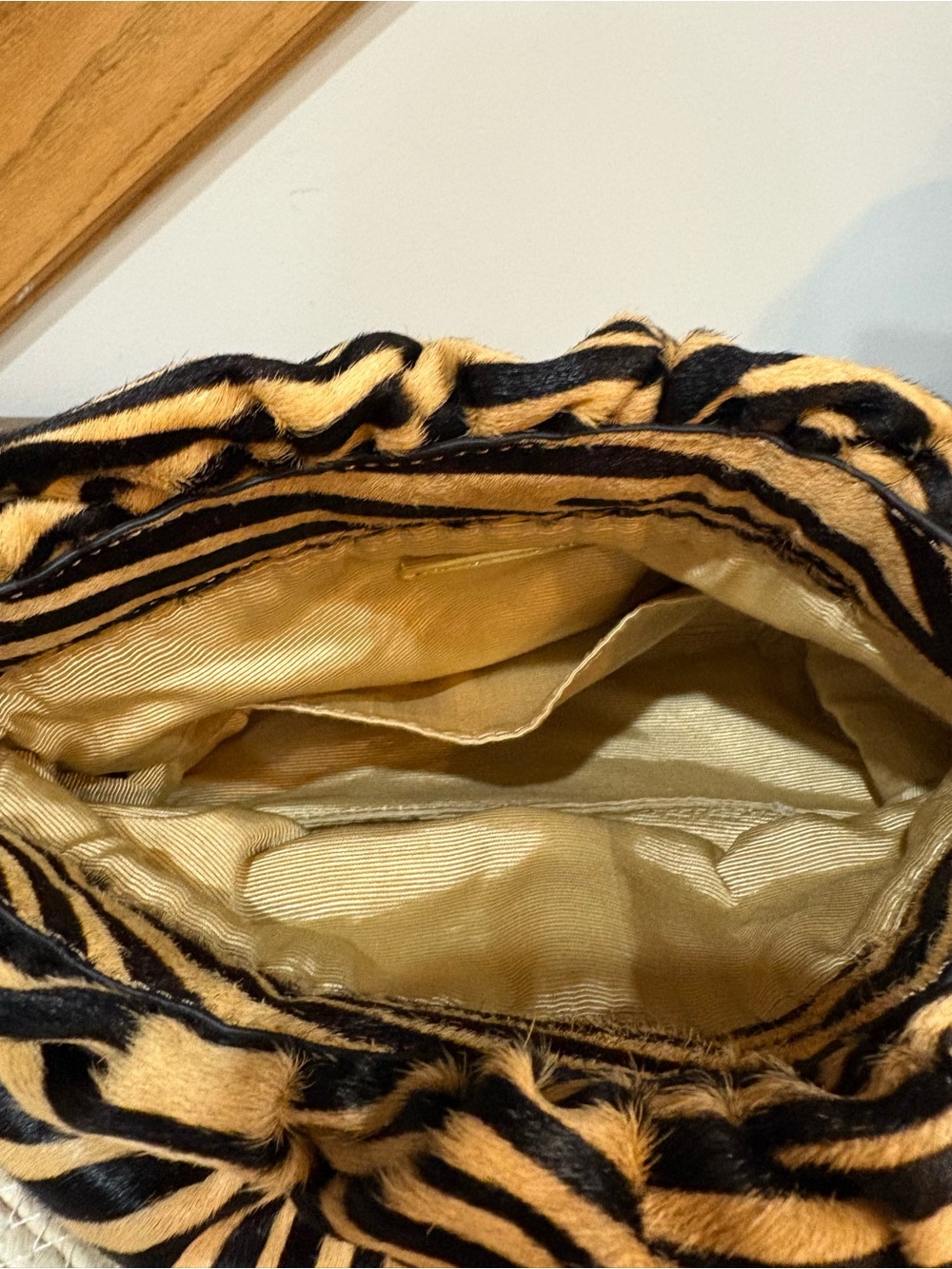 Zebra Print Drawstring Shoulder Bag with Gold Chain - Picture 4 of 10